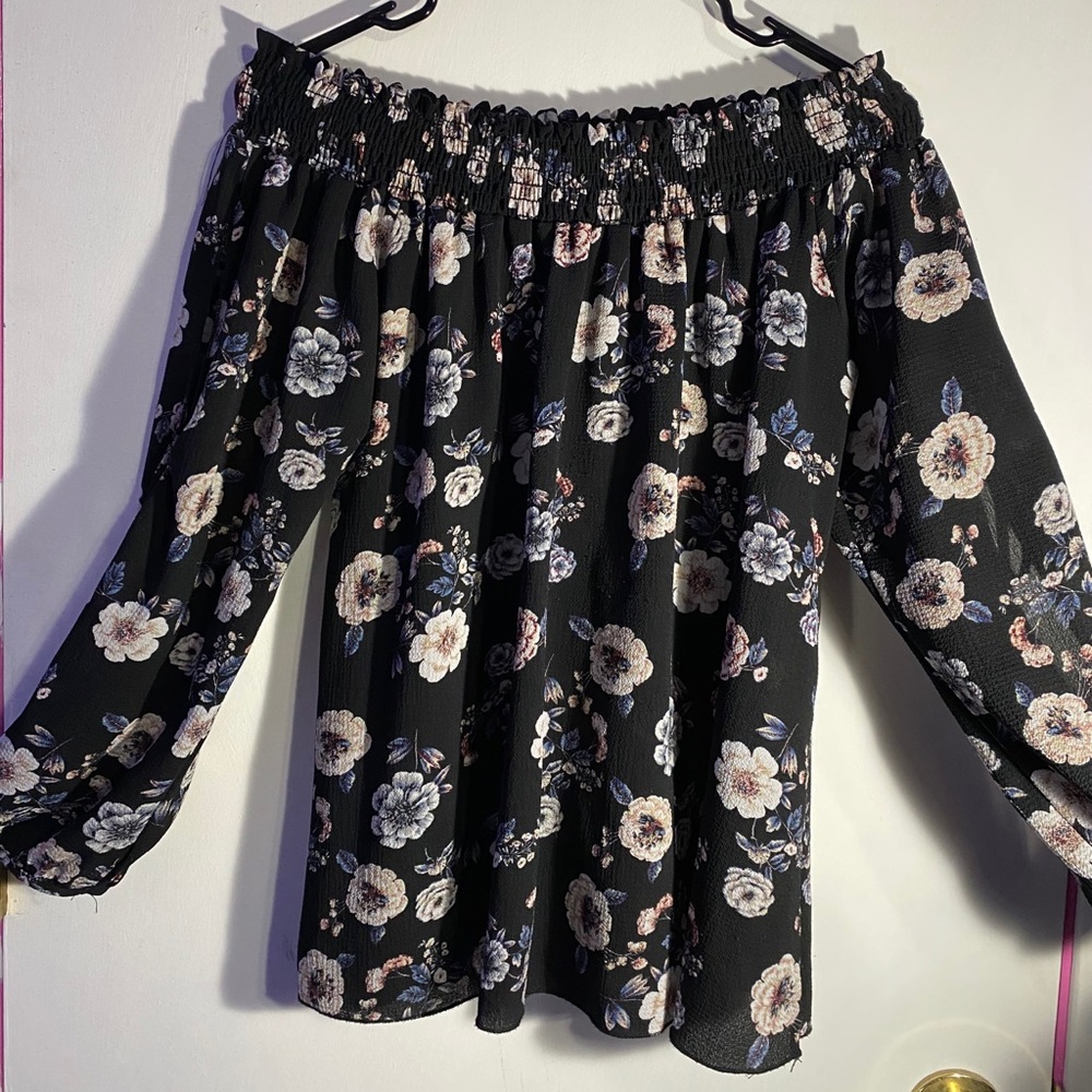 Black Floral Off-the-Shoulder Ruffled Blouse